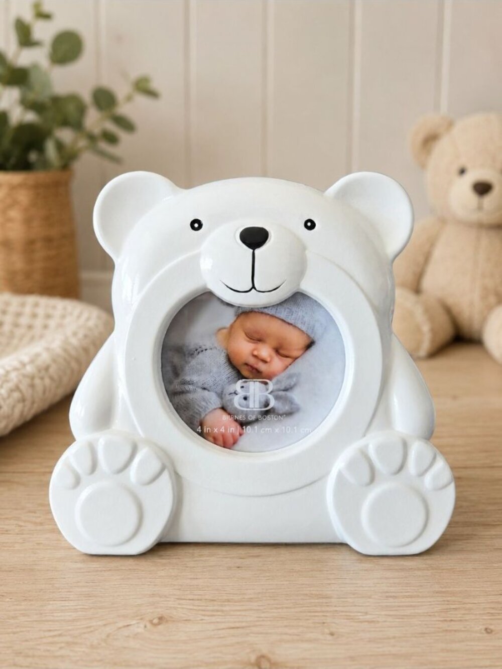 New White Resin Teddy Bear New Baby Nursery Decor Picture Frame 4x4